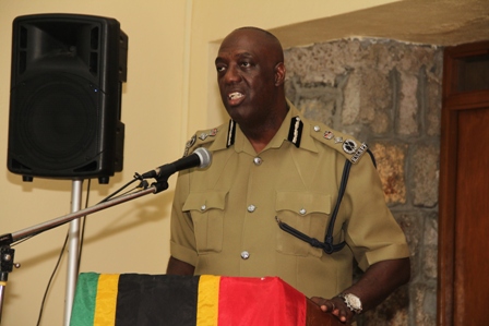 Commissioner of Police in St. Kitts and Nevis Celvin Walwyn delivering remarks at the Royal St. Christopher and Nevis Police Force Nevis Division’s annual New Year Programme at the Charlestown Police Station recreational room